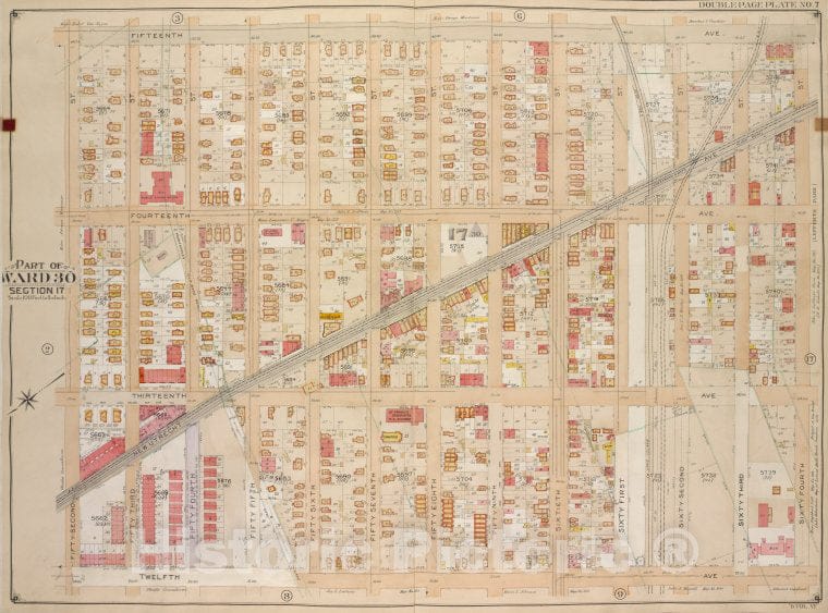 Historic Map - 1905 Brooklyn (New York, N.Y.) Vol. 6, Plate No. 7; Part Of Ward 30, Section 17; [15Th Ave, 64Th St; Including 12Th Ave, 52Nd St.] - Vintage Wall Art