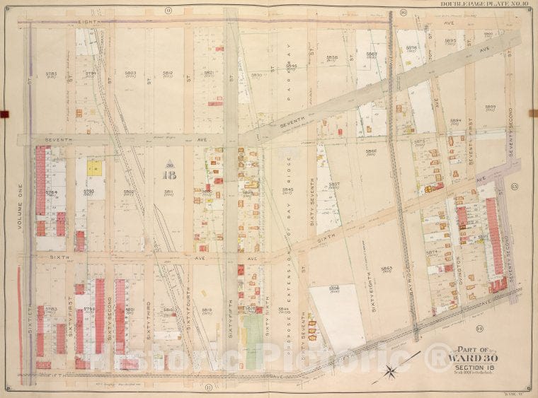 Historic Map - 1905 Brooklyn (New York, N.Y.) Vol. 6, Double Page Plate No. 10; Part Of Ward 30, Section 18; [8Th Ave, 72Nd St; Including 5Th Ave, 60Th St.] - Vintage Wall Art