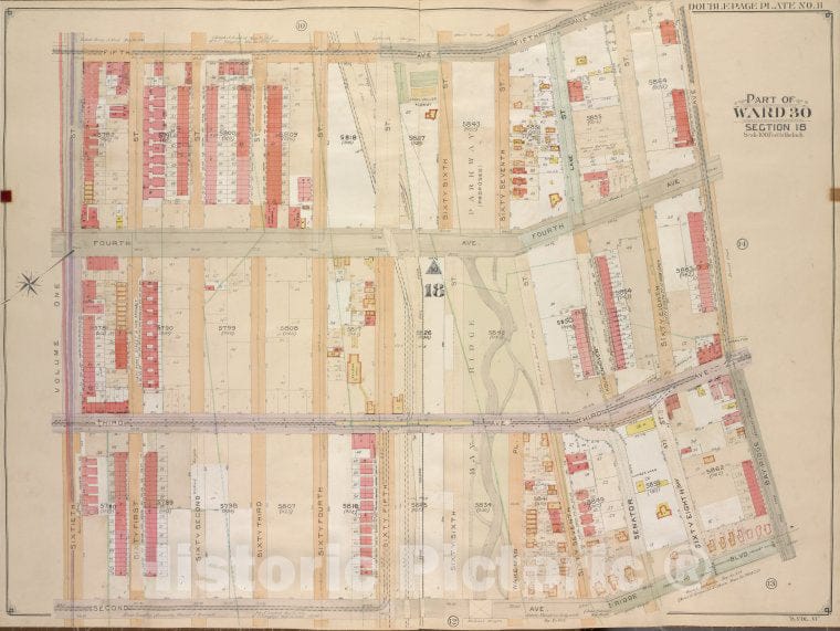 Historic Map - 1905, Brooklyn (New York, N.Y.) Vol. 6, Plate No. 11; Part Of Ward 30, Section 18; [Bounded By 5Th Ave, Bayridge Ave, Ridge Blvd; ] - Vintage Wall Art