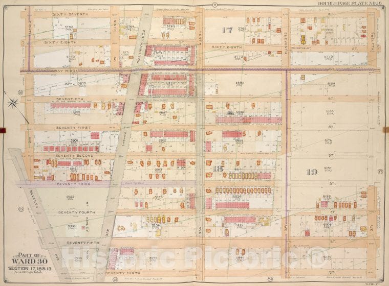 Historic Map - 1905, Brooklyn (New York, N.Y.) Vol. 6, Plate No. 16; Part Of Ward 30, Sections 17, 18 & 19; [Bounded By 67Th St, 12Th Ave, 76Th St; ] - Vintage Wall Art