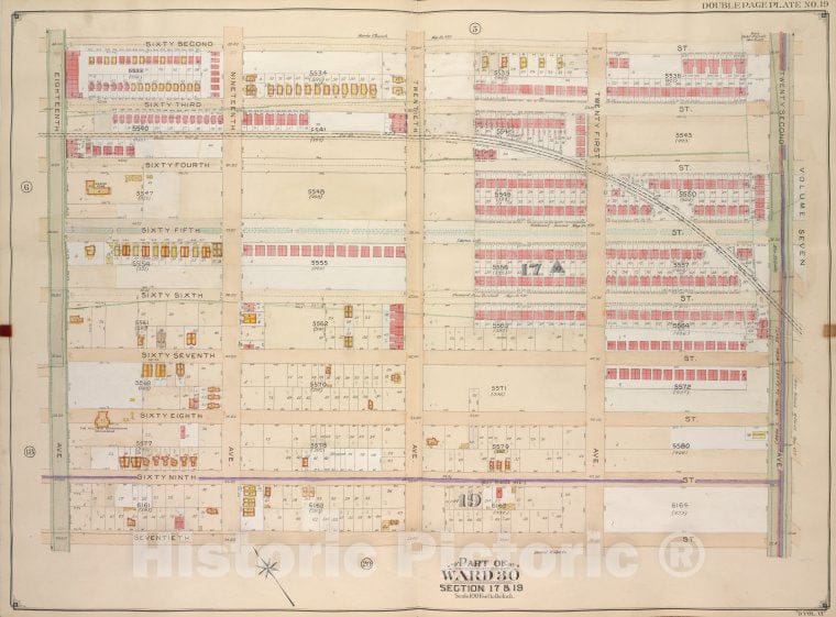 Historic Map - 1905 Brooklyn (New York, N.Y.) Vol. 6, Plate No. 19; Part Of Ward 30, Sections 17 & 19; [62Nd St, 22Nd Ave; Including 70Th St, 18Th Ave.] - Vintage Wall Art