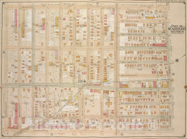 Historic Map - 1905, Brooklyn (New York, N.Y.) Vol. 6, No. 22; Part Of Ward 30, Section 19; [Bounded By 20Th Ave, Benson Ave, Ruthrford Pl; ] - Vintage Wall Art
