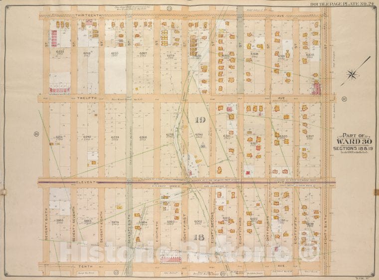 Historic Map - 1905 Brooklyn (New York, N.Y.) Vol. 6, Plate No. 24; Part Of Ward 30, Sections 18 & 19; [13Th Ave, 86Th St; Including 10Th Ave, 76Th St.] - Vintage Wall Art