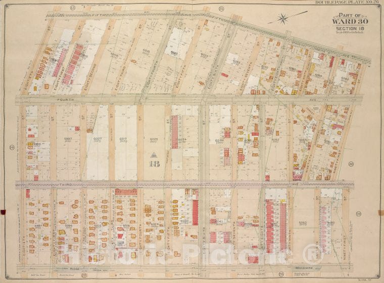 Historic Map - 1905 Brooklyn (New York, N.Y.) Vol. 6, Plate No. 26; Part Of Ward 30, Section 18; [5Th Ave, 91St St; Including Ridge Blvd, 80Th St.] - Vintage Wall Art