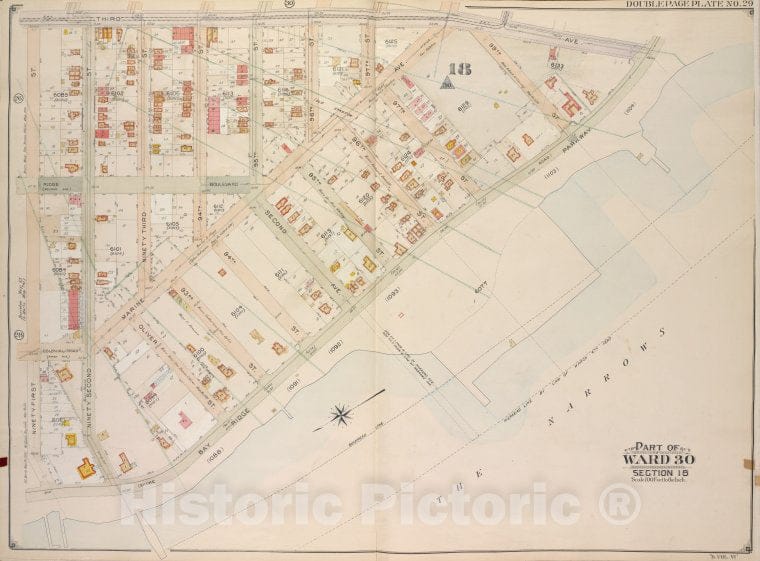 Historic Map - 1905 Brooklyn (New York, N.Y.) Vol. 6, Double Page Plate No. 29; Part Of Ward 30, Section 18; [3Rd Ave, Bay Ridge Parkway; Including 91St St.] - Vintage Wall Art