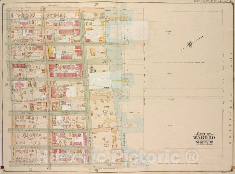 Historic Map - 1905, Brooklyn (New York, N.Y.) Vol. 6, Plate No. 34; Part Of Ward 30, Section 19; [ 20Th Ave, Warehouse Ave, 17Th Ave, Rutherford Pl, Benson Ave. - Vintage Wall Art