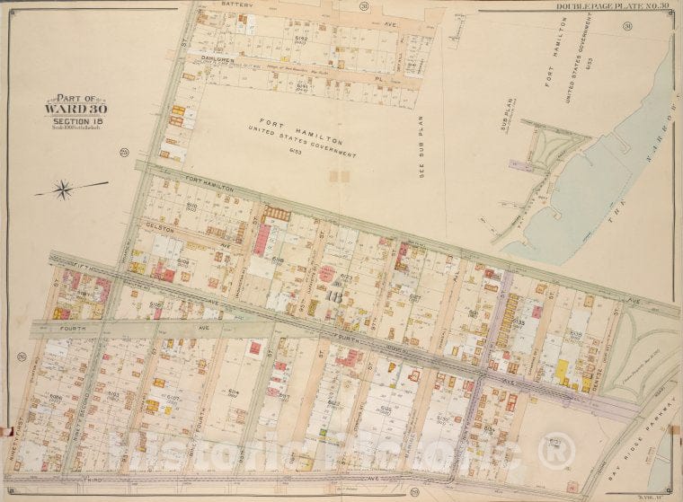 Historic Map - 1905 Brooklyn, (New York, N.Y.),Battery Ave, Fort Hamilton Ave, Bay Ridge Parkway; 3Rd Ave, 91St St 5Th Ave, 92Nd St, Fort Hamilton Ave, B - Vintage Wall Art