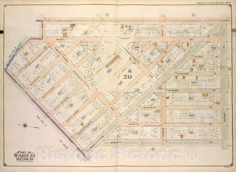 Historic Map - 1907, Brooklyn (New York, N.Y.) Vol. 7, No. 8; Part Of Ward 31, Section 20; [Bounded By Gravesend Ave, Ave P, W. 6Th St; ] - Vintage Wall Art