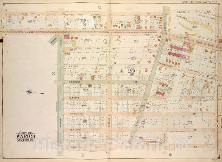 Historic Map - 1907 Brooklyn (New York, N.Y.) Vol. 7, No. 11; Part Of Ward 31, Section 20; [E. 2Nd St, Ave S, W. 6Th St; Including Ave P, Gravesend Ave, Ave O] - Vintage Wall Art