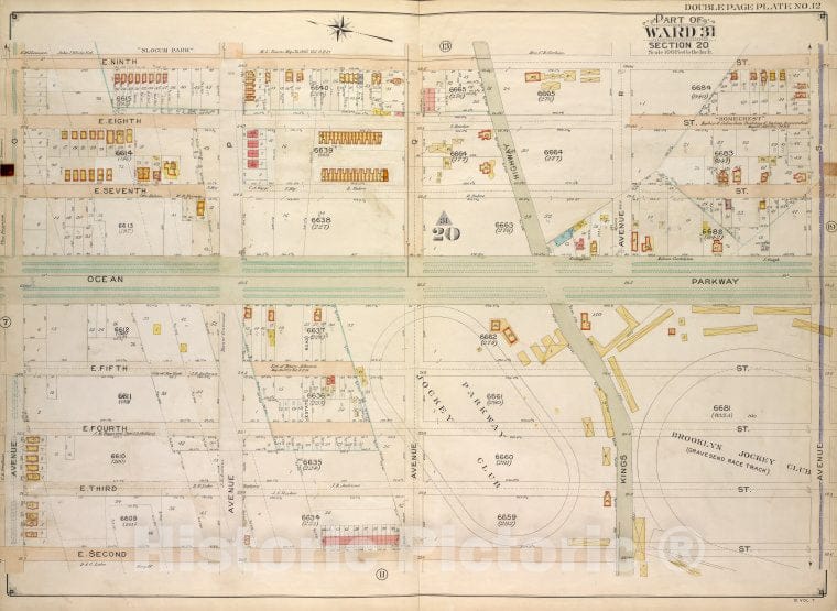 Historic Map - 1907 Brooklyn (New York, N.Y.) Vol. 7, Plate No. 12; Part Of Ward 31, Section 20; [E. 9Th St, Ave S; Including E. 2Nd St, Ave O] - Vintage Wall Art