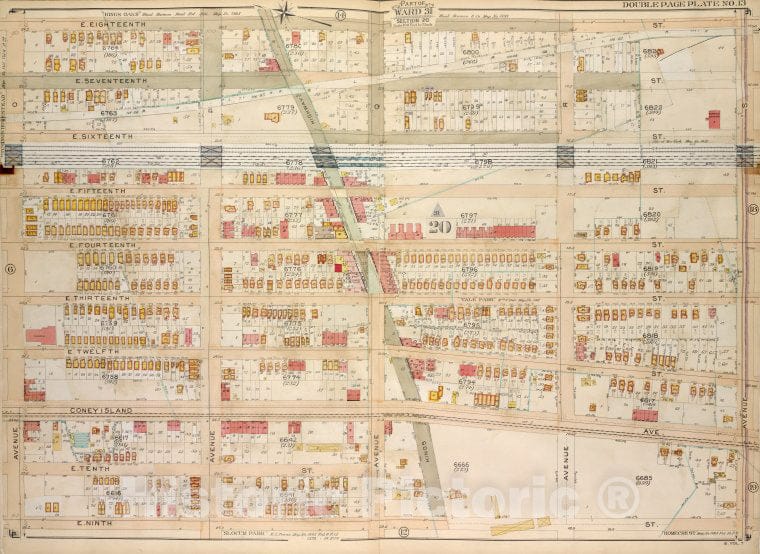 Historic Map - 1907 Brooklyn (New York, N.Y.) Vol. 7, Plate No. 13; Part Of Ward 31, Section 20; [E. 18Th St, Ave S; Including E. 9Th St, Ave O] - Vintage Wall Art