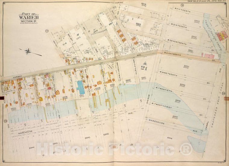 Historic Map - 1907, Brooklyn (New York, N.Y.) Vol. 7, No. 25; Part Of Ward 31, Section 21; [Bounded By W. 15Th St, Canal Ave, Warehouse Ave; ] - Vintage Wall Art