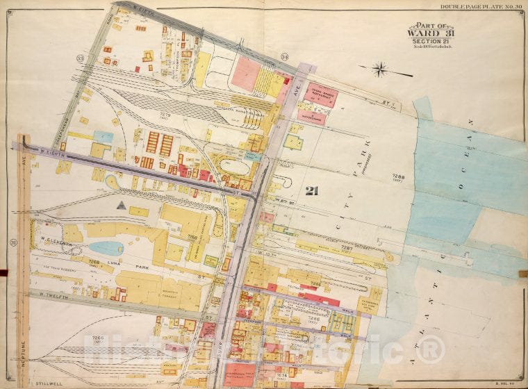 Historic Map - 1907, Brooklyn (New York, N.Y.) Part Of Ward 31, Section 21; [E. 5Th St, Atlantic Ocean, Stillwell Ave; Neptune Ave, W. 8Th St, Sheephead Road] - Vintage Wall Art