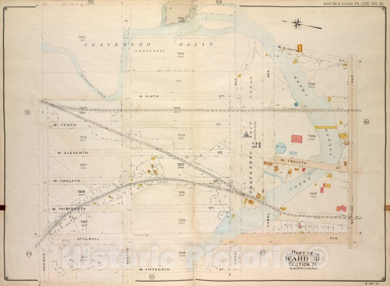 Historic Map - 1907, Brooklyn (New York, N.Y.) Part Of Ward 31, Section 21; [W. 6Th St, W. 8Th St, Neptune Ave; Stillwell Ave, W. 15Th St, Canal Ave, Ave Y] - Vintage Wall Art