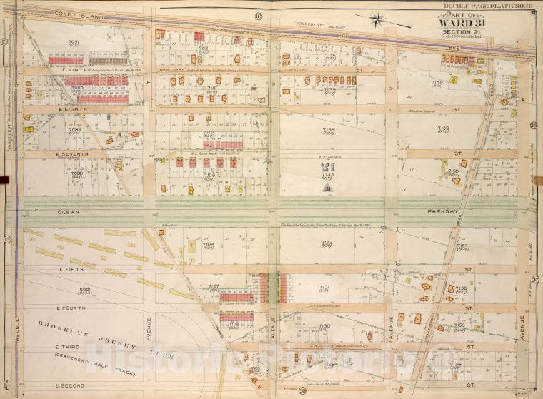 Historic Map - 1907 Brooklyn (New York, N.Y.) Vol. 7, Plate No. 19; Part Of Ward 31, Section 21; [Coney Island Ave, Ave W; Including E. 2Nd St, Ave S] - Vintage Wall Art