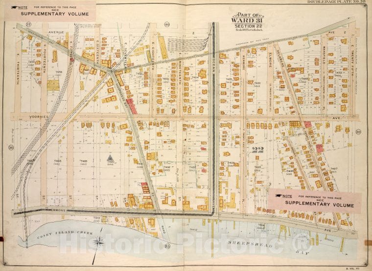Historic Map - 1907, Brooklyn (New York, N.Y.) No. 38; Part Of Ward 31, Section 22; [Ave Z, E. 25Th St, Sheepshead Bay, Coney Island Creek, E. 13Th St.] - Vintage Wall Art