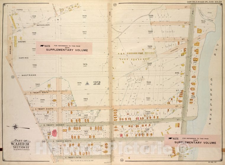 Historic Map - 1907, Brooklyn (New York, N.Y.) Vol. 7, No. 39; Part Of Ward 31, Section 22; [Bounded By Ford St, Sheepshead Bay, E. 25Th St; ] - Vintage Wall Art