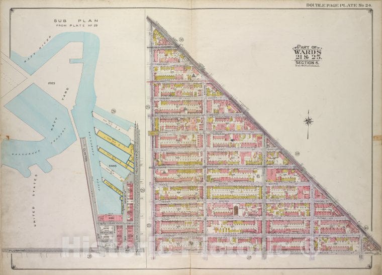 Historic Map - 1916 Brooklyn, (New York, N.Y.), Broadway, Hancock St Reid Ave, East River, Washington Ave, Flushing Ave, U.S. Navy Yard, Wallabout Channel - Vintage Wall Art