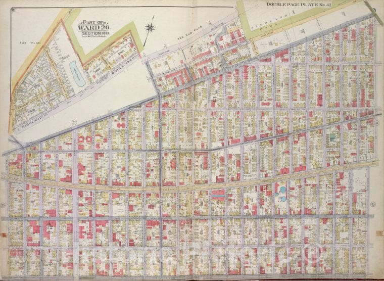 Historic Map - 1916 Brooklyn, (New York, N.Y.),Highland Blvd, Laurel St Sunnyside Ave, Force Tube Ave, Dresden St; Atlantic Ave, Berriman St Pitkin Ave, Wi - Vintage Wall Art