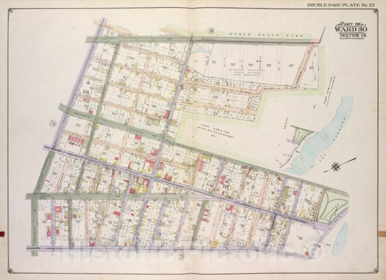 Historic Map - 1916 Brooklyn, (New York, N.Y.),10Th Ave, 7Th Ave, Poly Ave, Battery Ave, Fort Hill Pl, Dahlgren Pl, 92Nd St; Fort Hamilton Ave, Shore Road. - Vintage Wall Art