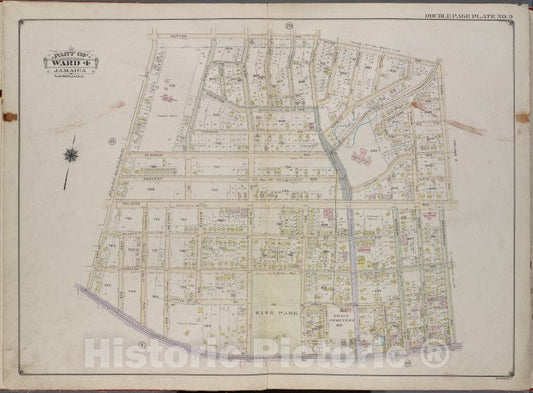 Historic 1913 Map - Queens, V. 1, Double Page Plate No. 9; Part Of Jamaica, Ward 4; - Vintage Wall Art