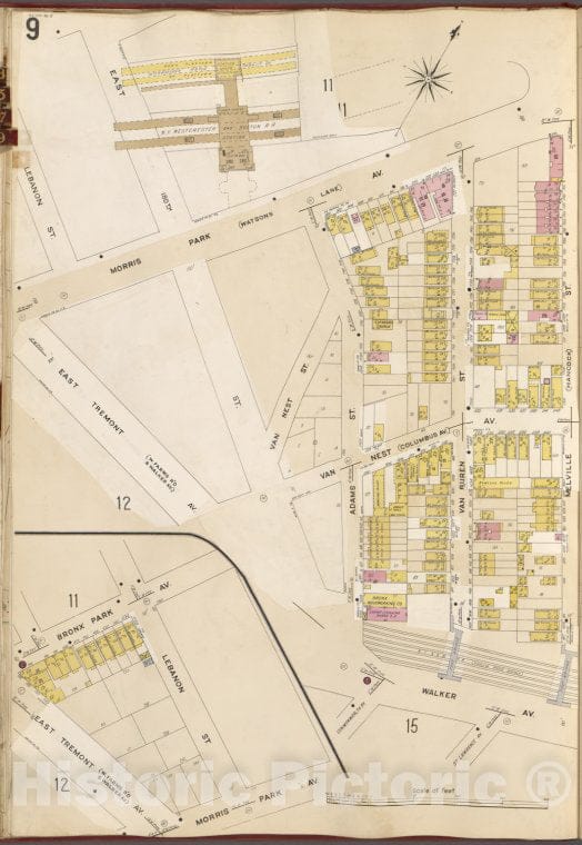 Historic Map - 1905 Bronx, New York (N.Y.), V. A, Plate No. 9 [Morris Park Ave, Melville St, Walker Ave, East Tremont Ave.] - Vintage Wall Art
