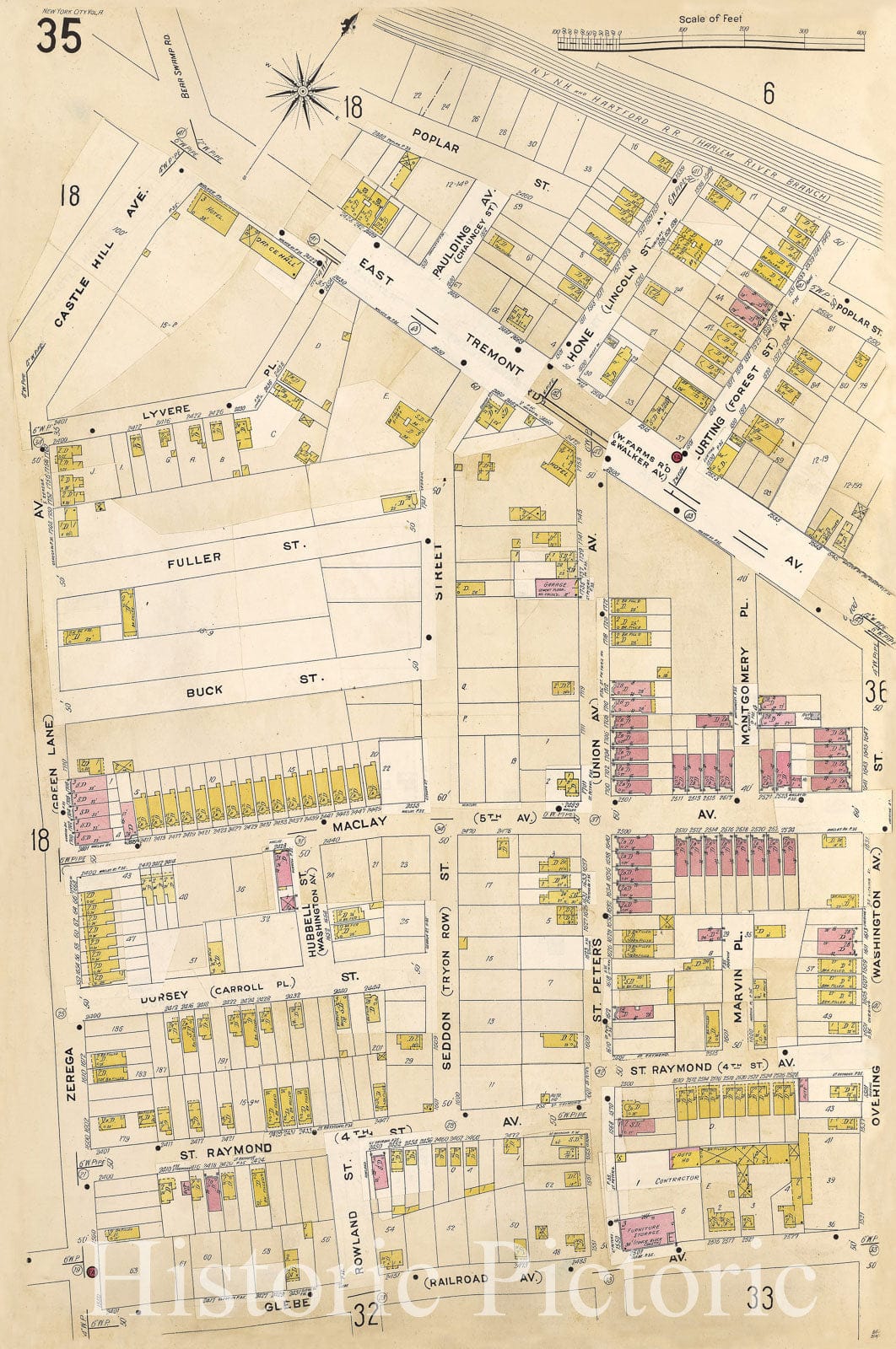 Historic Map - 1905 Bronx, New York (N.Y.), V. A, Plate No. 35 [Poplar St, Overing St, Glebe Ave, Zerega Ave, Castle Hill Ave.] - Vintage Wall Art