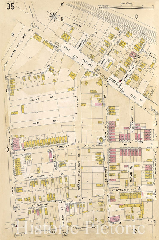 Historic Map - 1905 Bronx, New York (N.Y.), V. A, Plate No. 35 [Poplar St, Overing St, Glebe Ave, Zerega Ave, Castle Hill Ave.] - Vintage Wall Art