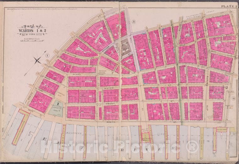 Historic Map - 1893 New York (N.Y.), Plate 2 [Broad St, William St, Fulton St, East River] - Vintage Wall Art