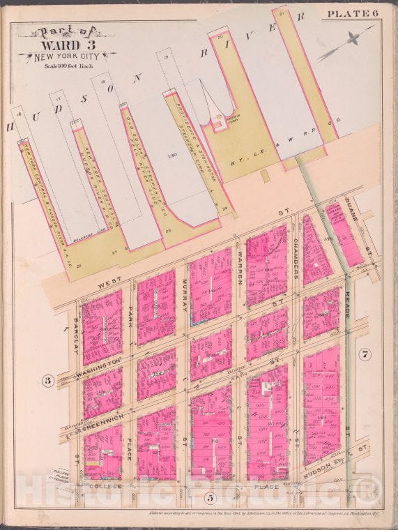 Historic Map - 1893 New York (N.Y.), Plate 6 [Hudson River, Duane St, Reade St, Hudson St, College Place, Baclay St.] - Vintage Wall Art