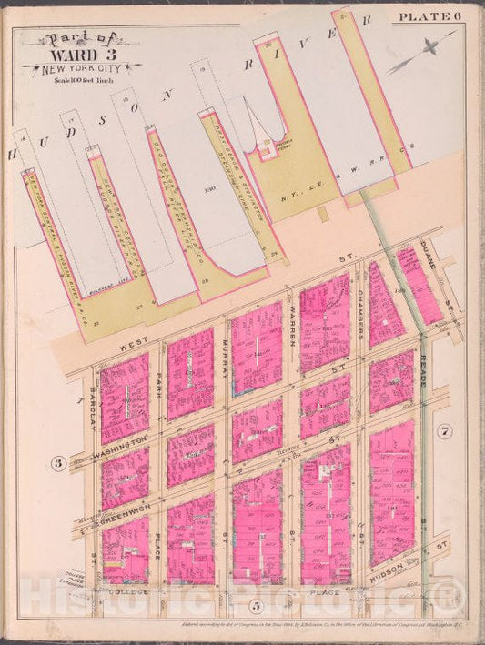 Historic Map - 1893 New York (N.Y.), Plate 6 [Hudson River, Duane St, Reade St, Hudson St, College Place, Baclay St.] - Vintage Wall Art