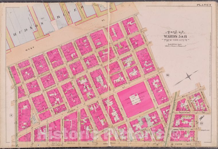 Historic Map - 1893 New York (N.Y.), Plate 7 [Hudson River, Vestry St, Watts St, S. 5Th Ave, W. Broadway, Reade St.] - Vintage Wall Art
