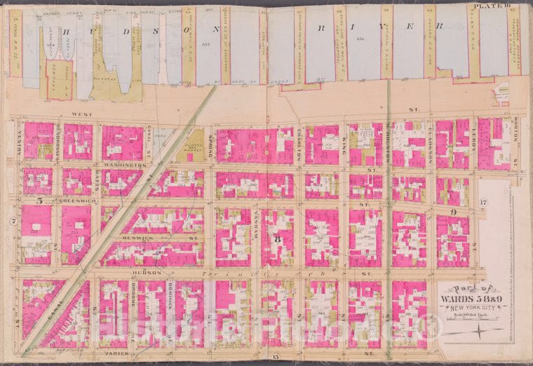 Historic Map - 1893 New York (N.Y.), Plate 16 [Hudson River, Morton St, Varick St, Vestry St.] - Vintage Wall Art