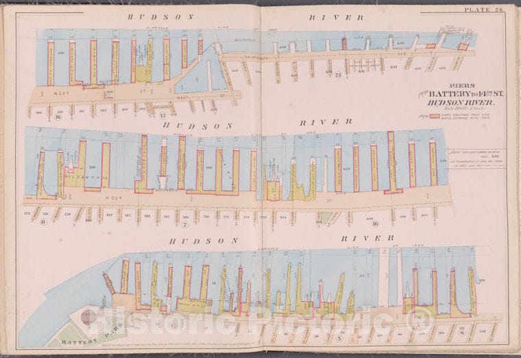 Historic 1893 Map - Plate 26: Piers From Battery To 14Th St, Hudson River - New York (N.Y.)- Volume Four: South Of 14Th Street - Vintage Wall Art