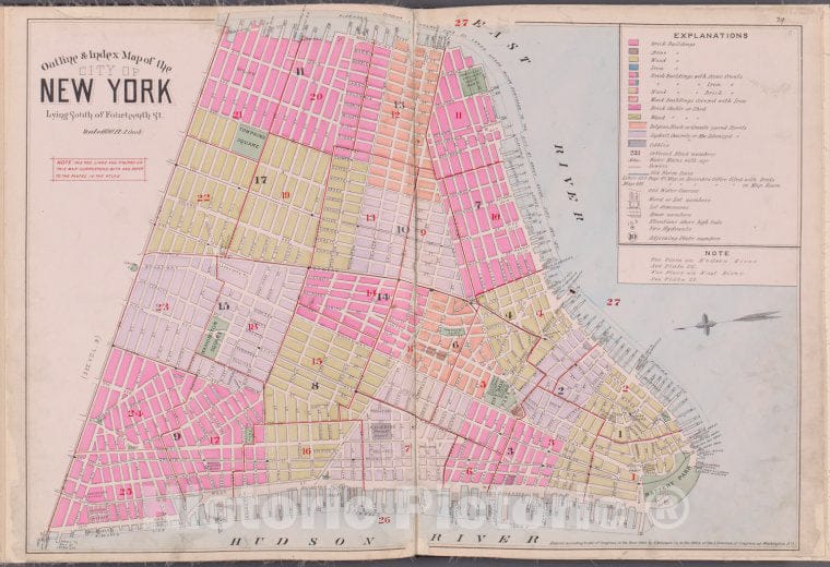 Historic Map - 1893 New York (N.Y.), Outline & Index Map Of The City Of New York, Lying South Of Fourteenth St. - Vintage Wall Art