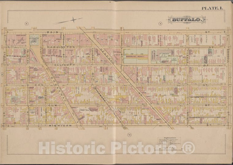 Historic Map - 1891 Buffalo,New York (N.Y.) Plate No. 1 [ Bounded By Main St, Goodell St, Mighigan St, Eagle St.] - Vintage Wall Art