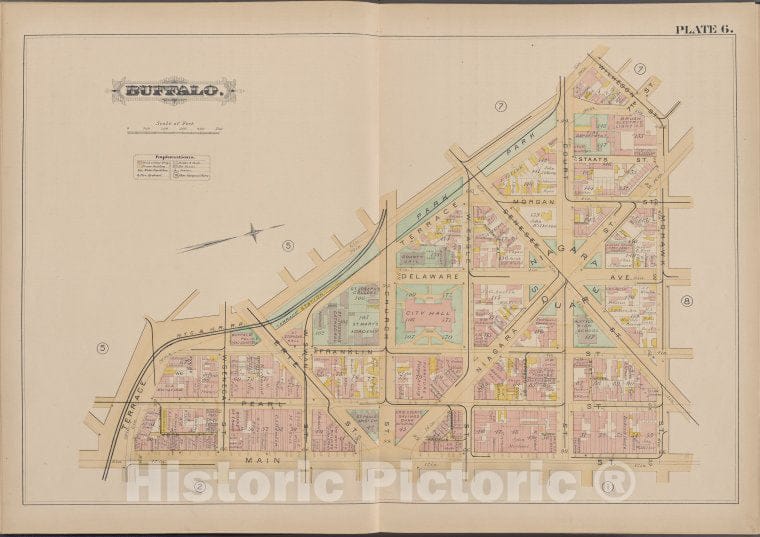 Historic Map - 1891 Buffalo,New York (N.Y.) Plate No. 6 [ Bounded By Terrace, Momawk St, Main St.] - Vintage Wall Art