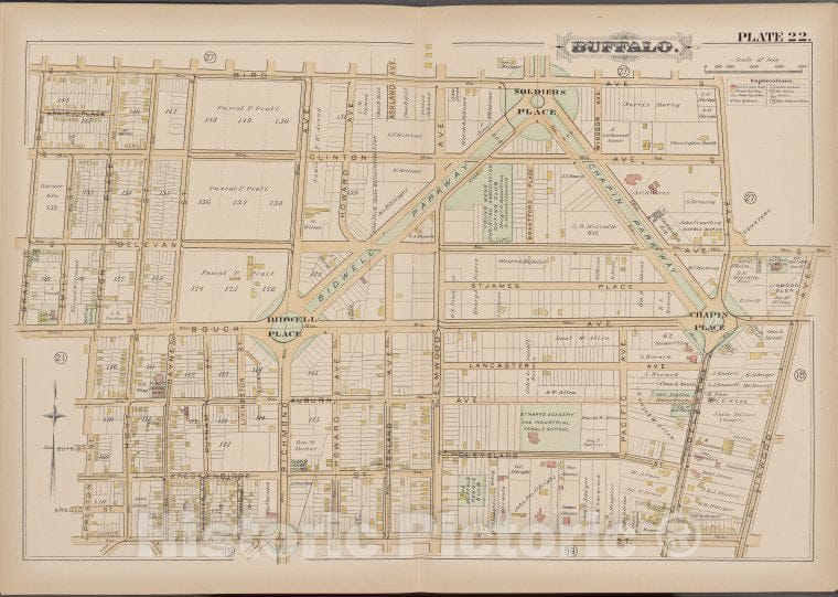 Historic Map - 1891 Buffalo,New York (N.Y.) Plate No. 22 [ Bounded By Bird Ave, Linwood Ave, Ferry St, Grant St.] - Vintage Wall Art