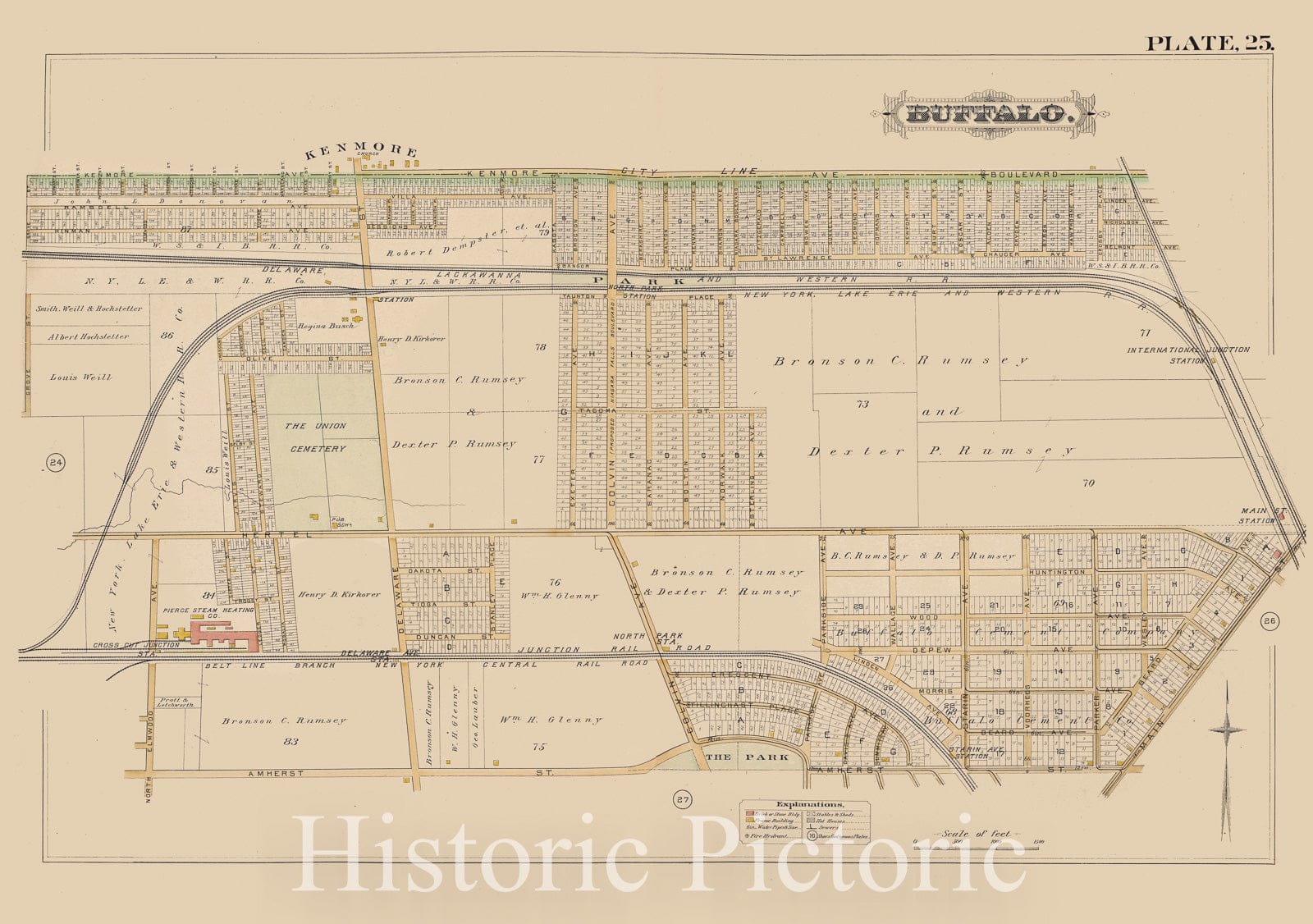 Historic Map - 1891 Buffalo,New York (N.Y.) Plate No. 25 [ Bounded By Kenmore Ave, Main St, Amherst St, N. Elmwood Ave, Grove St.] - Vintage Wall Art