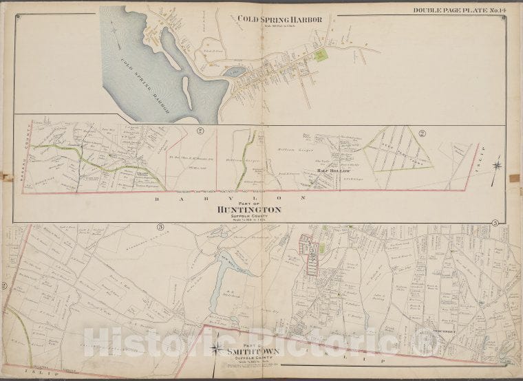 Historic Map - 1902 Suffolk County, New York (N.Y.), Suffolk County, V. 2, Double Page Plate No. 14 [Cold Spring Harbor, Part Of Huntington, Part Of Smith Town] - Vintage Wall Art