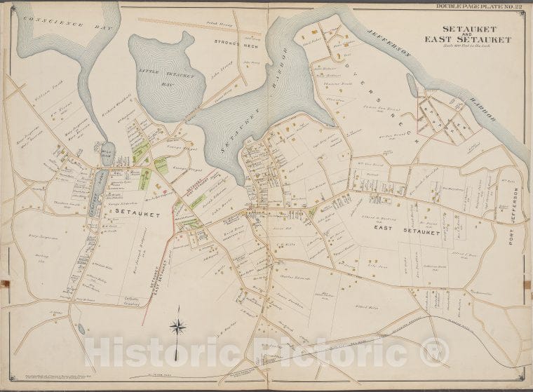 Historic Map - 1902 Suffolk County, New York (N.Y.), Suffolk County, V. 2, Double Page Plate No. 22 [Jefferson Harbor, Port Jefferson, East Setauket, Setauket] - Vintage Wall Art
