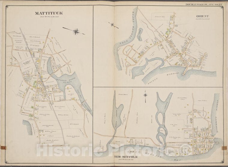 Historic Map - 1902 Suffolk County, New York (N.Y.), Suffolk County, V. 2, Double Page Plate No. 27 [Mattituck, Orient, New Suffolk] - Vintage Wall Art