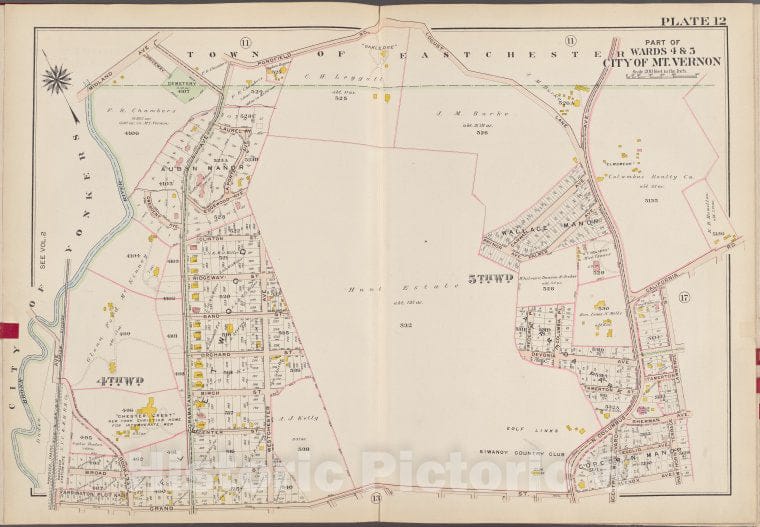 Historic Map - 1910 Westchester County, New York (N.Y.), V. 1, Plate No. 12 [Town Of East Chester, California Rd, Lawrence St, Lenox Ave, Grand St, City Of Yonkers] - Vintage Wall Art