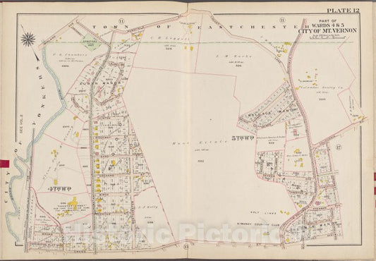 Historic Map - 1910 Westchester County, New York (N.Y.), V. 1, Plate No. 12 [Town Of East Chester, California Rd, Lawrence St, Lenox Ave, Grand St, City Of Yonkers] - Vintage Wall Art