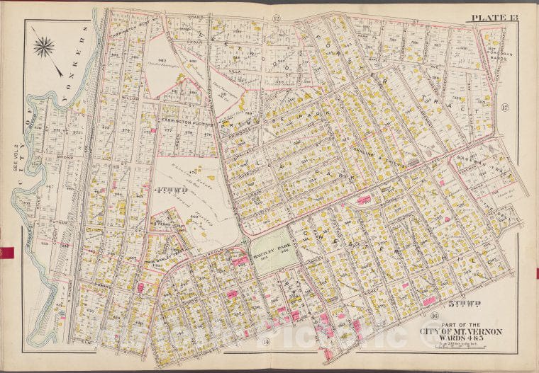 Historic Map - 1910 Westchester County, New York (N.Y.), V. 1, Plate No. 13 [Grand St, Central Blvd, Dell Ave, Prospect Ave, W. Sidney Ave, Bronx River] - Vintage Wall Art