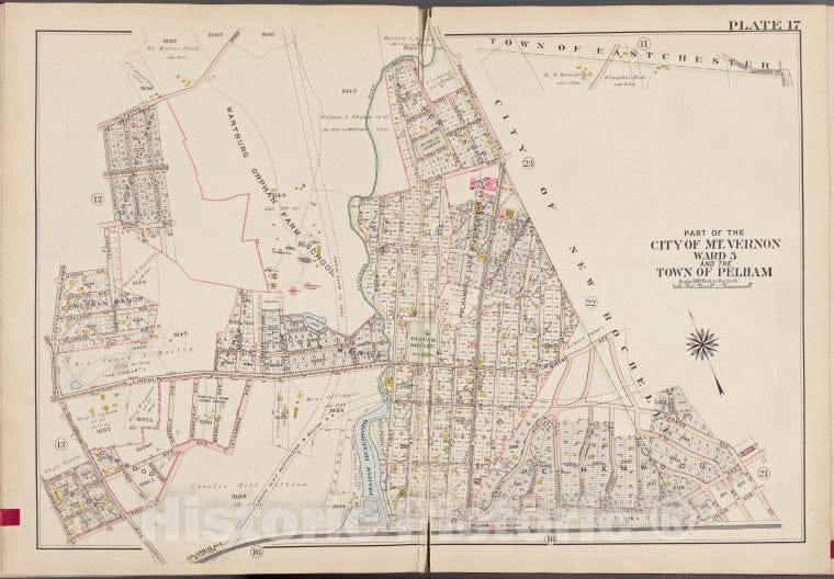 Historic Map - 1910 Westchester County, New York (N.Y.) V. 1, Plate No. 17 [Town Of East Chester, City Of New Rochelle, Pelham Station, Claremont Ave, Central Blvd. - Vintage Wall Art