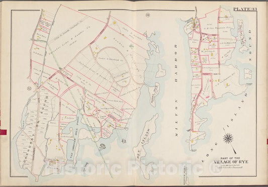 Historic Map - 1910 Westchester County, New York (N.Y.), V. 1, Double Page Plate No. 33 [Long Island Sound, Milton Harbor, Oakhurst Ave.] - Vintage Wall Art