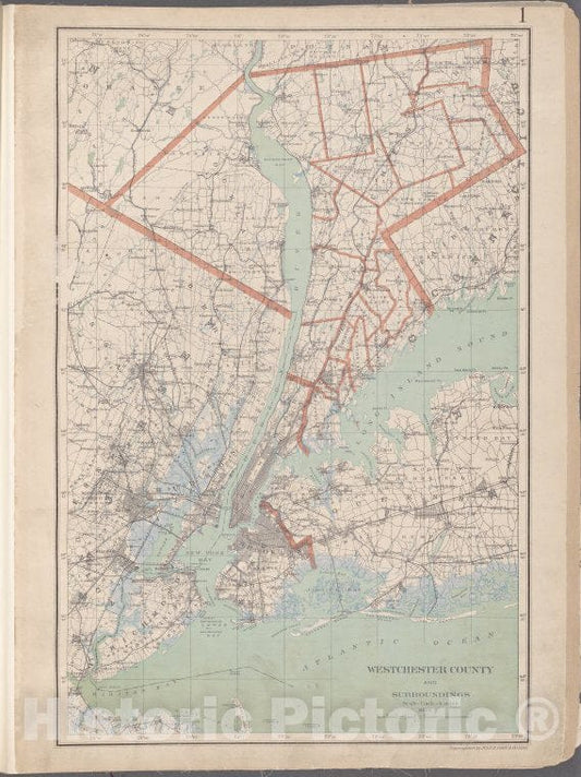Historic Map - 1893 Westchester County, New York (N.Y.), Plate No. 1 [Map Of Westchester County, New York (N.Y.) County And Surroundings] - Vintage Wall Art