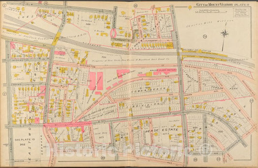 Historic 1908 Map - Mount Vernon, Double Page Plate No. 9 [Map Bounded By Elm Ave, Vintage Wall Art