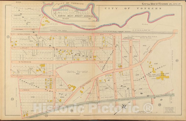 Historic 1908 Map - Mount Vernon, Double Page Plate No. 17 [Map Bounded By Bronx Ri - Vintage Wall Art